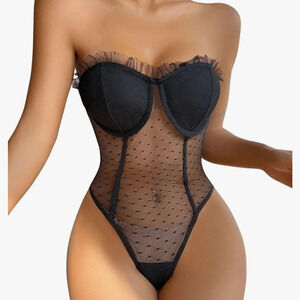 SOLY HUX Bodysuits for Women Mesh Sheer Frill Trim Strapless Bustier  Bodysuit L